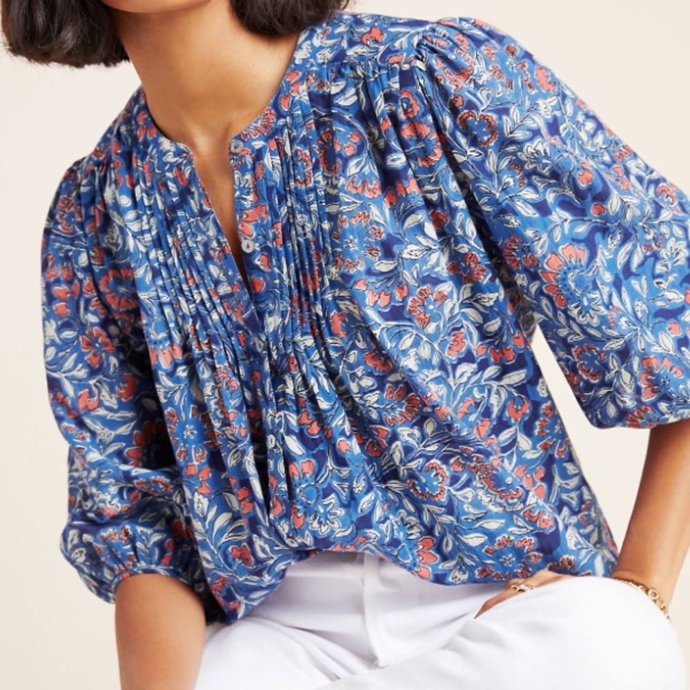 Velvet by Graham & Spencer Indian blue red block print button up top Sz XS